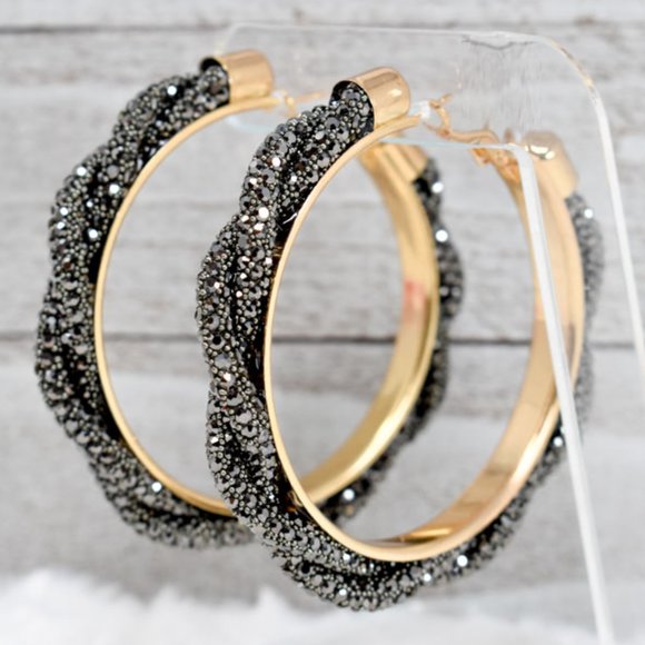 3" Braid Twist Hematite Rhinestone Hoop Earrings - Picture 2 of 12